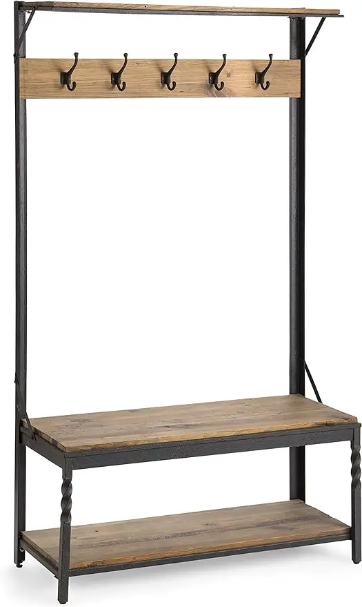 

Plow & Hearth Deep Creek Rustic Coat Rack with BenchReclaimed Pine Wrought Iron FrameDouble Hooks Shelves