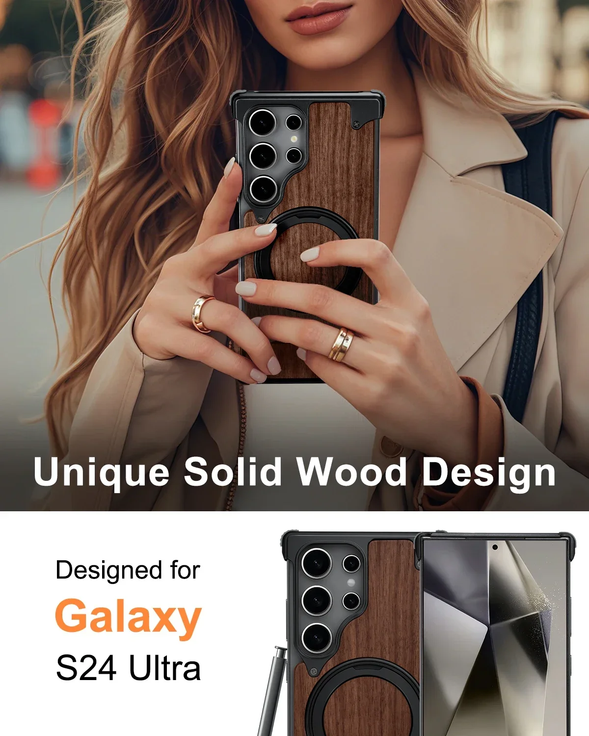 Eary Solid Wood for Samsung Galaxy S25 S24 Ultra Case with Magsafe 360°Rotation Kickstand Magnetic Stand Frameless Design Bumper