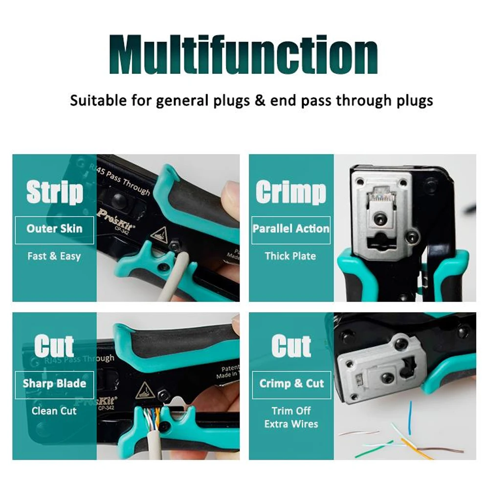 Proskit CP-342 draht crimp zange 8 p8c rj45 perforiertes kristallkopf crimp werkzeug 4 in 1 ethernet netzwerk lan kabel ab streifer