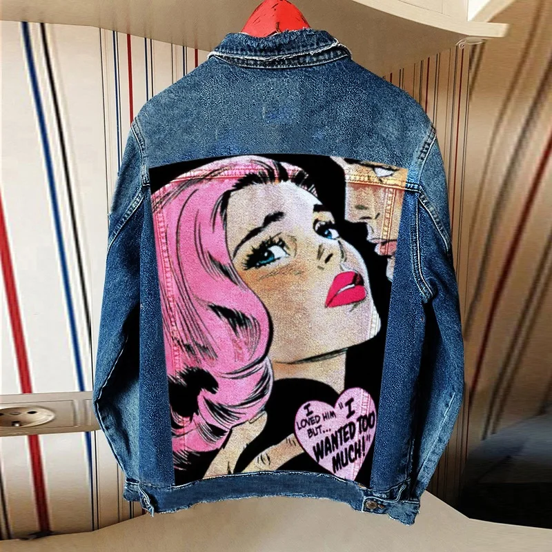 Women's Clothing 2024 Autumn New Hot Street Fashion INS Net Red Personality Sweet Love Girl Print Lapel Denim Jacket