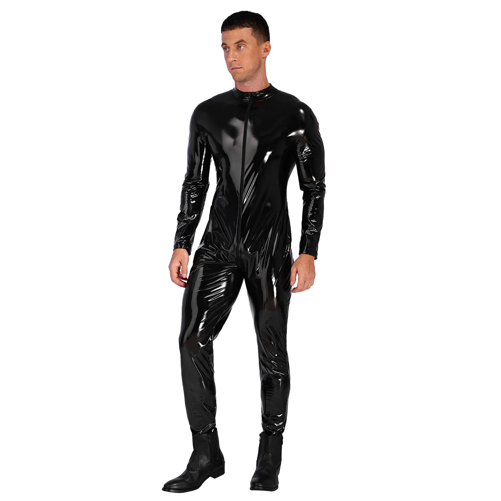 Mens Patent Leather Bodysuit Full-body Zipper Crotch Jumpsuit Stand Neck Long Sleeve Catsuit Party Clubwear Wet Look Punk Show 2