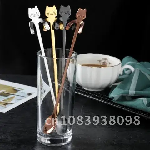 

Coffee spoon stainless steel ice cream dessert tea cartoon cat spoons soup ladle silverware dinner set kitchen accessories