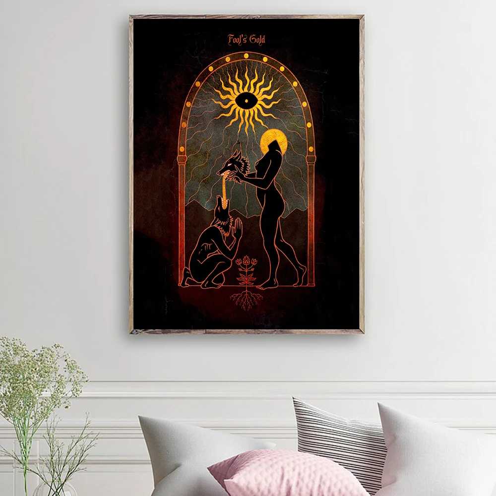

Occult Pagan Spiritual Abstract Girl with Wolf Poster Wall Decoration Tarot Fool's Gold Prints Wall Art Home Painting Decoration
