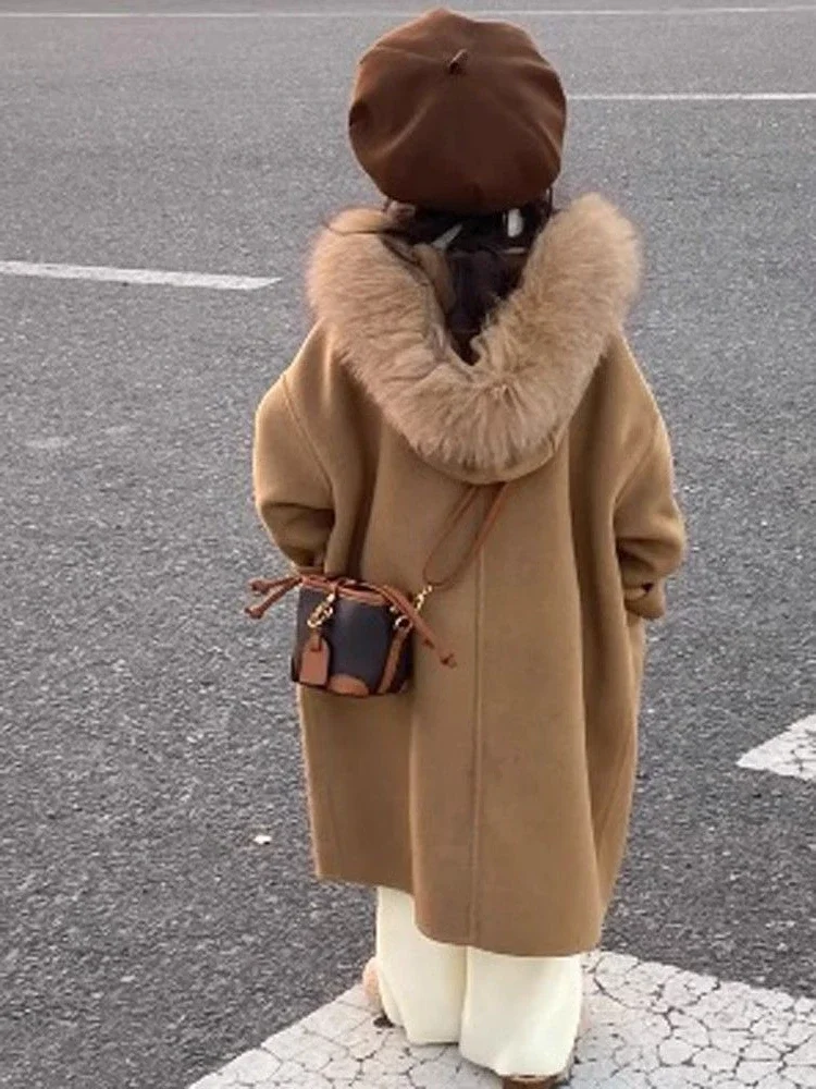 Girls Winter Coat Girls Outerwear Wool Korean Girls Hooded Woolen Collar Soild Overcoat Autumn Spring