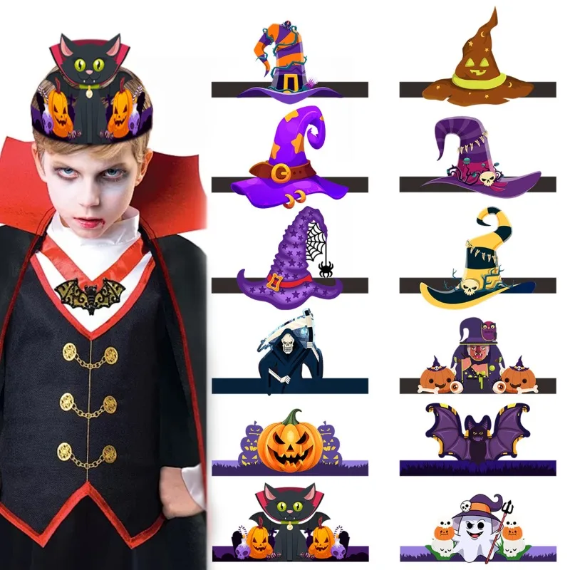 6pcs Halloween Party Decoration Party Hat Witch Hat Party Play Pumpkin Bat Ghost Crown Hat Halloween Decoration