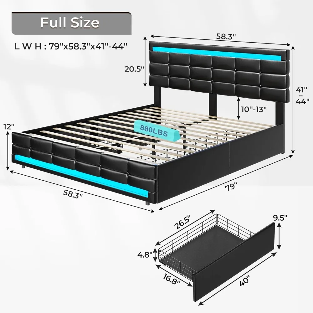 ADORNEVE Full Size Bed Frame with Storage Drawers, LED Lights Headboard Footboard, Upholstered Leather Platform LED Bed Frame wi