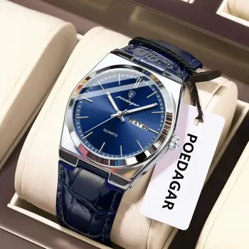 POEDAGAR Luxury Trendy Man Wristwatch Waterproof Luminous Date Week Men Watch Simple Business Quartz Leather Men's Watches Reloj