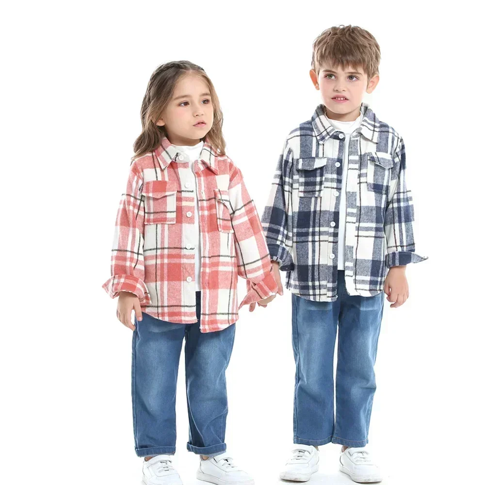 Children Autumn Plaid Long Sleeved Shirt Brother Sister Cotton College Style Thickened Boys Shirts Girls Blouse