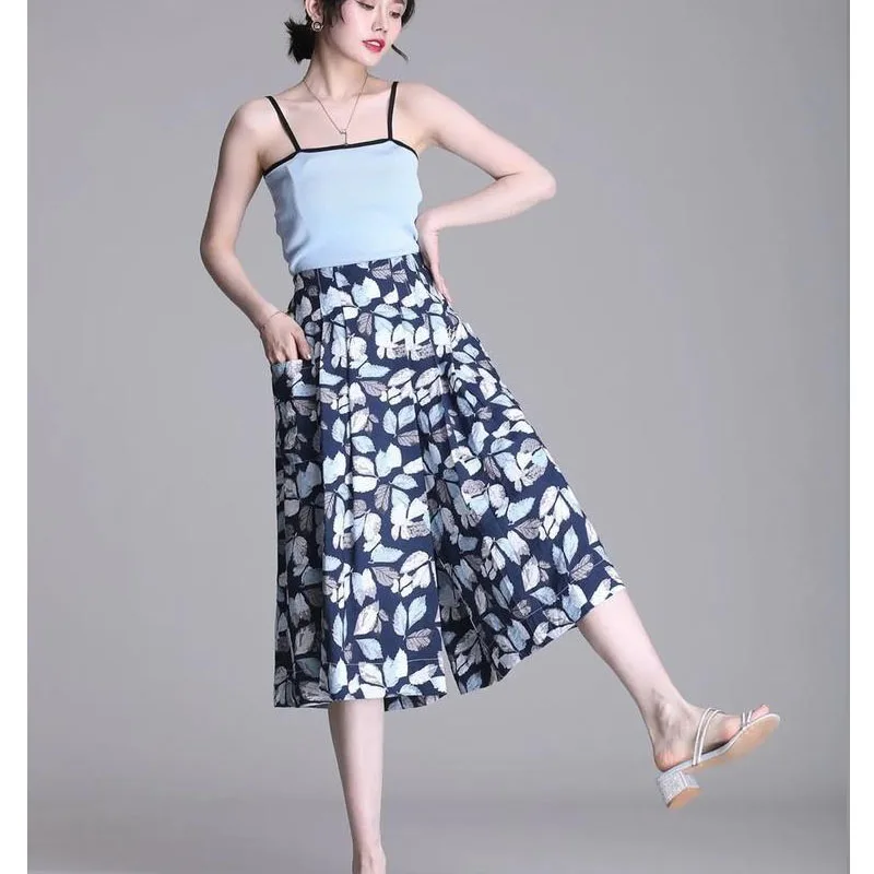 New Large Size Skirts and Pants Women Summer Loose Printing Graffiti Korean High Waisted Cropped Pants Casual Wide Leg Pants