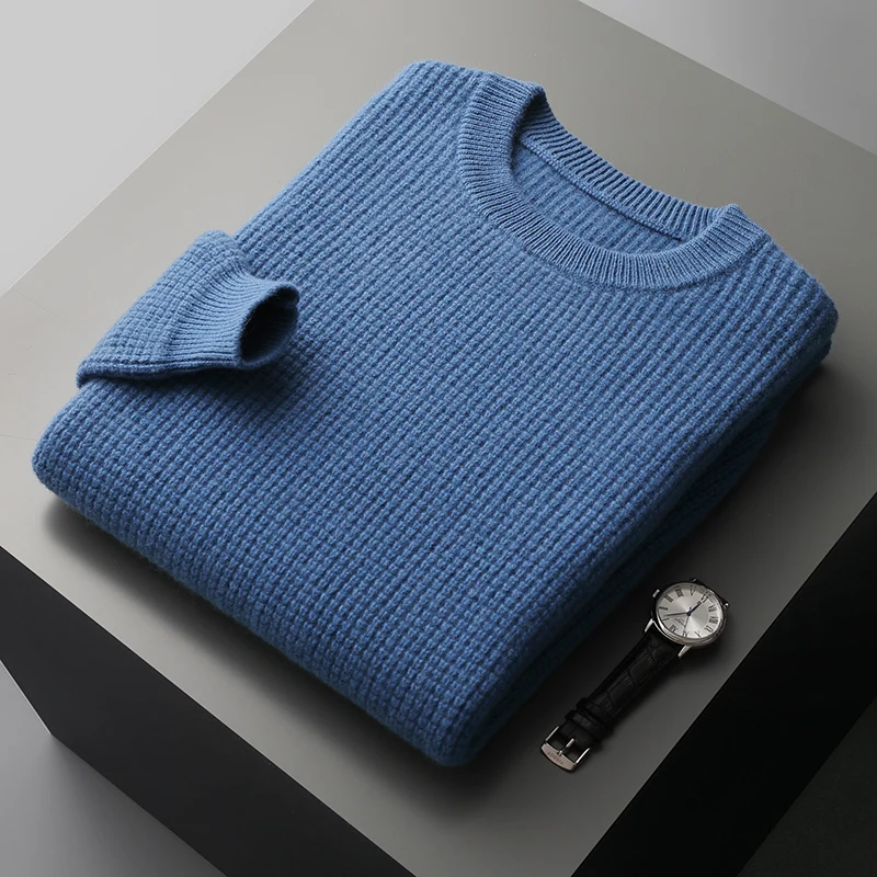 

100% pure wool men's round neck thick small sweater loose fashion solid color knitted cashmere base cedar.
