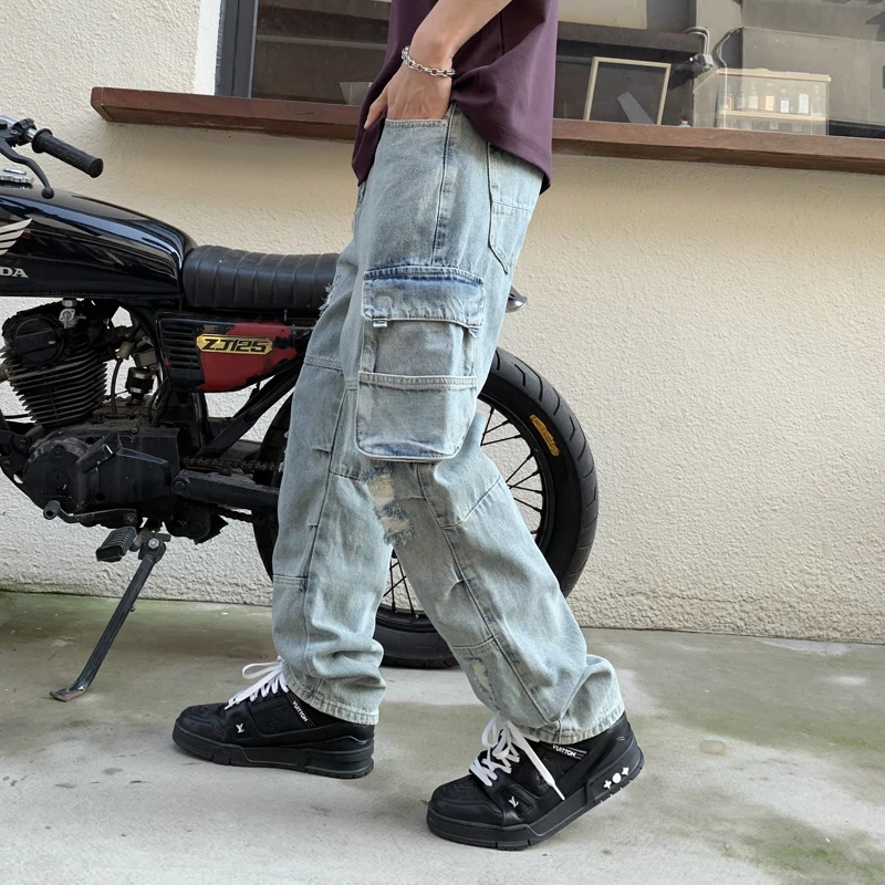 Motorcycle personality hole high-end heavy washing multi-pocket loose tide men's straight pants casual fall sense of work pants