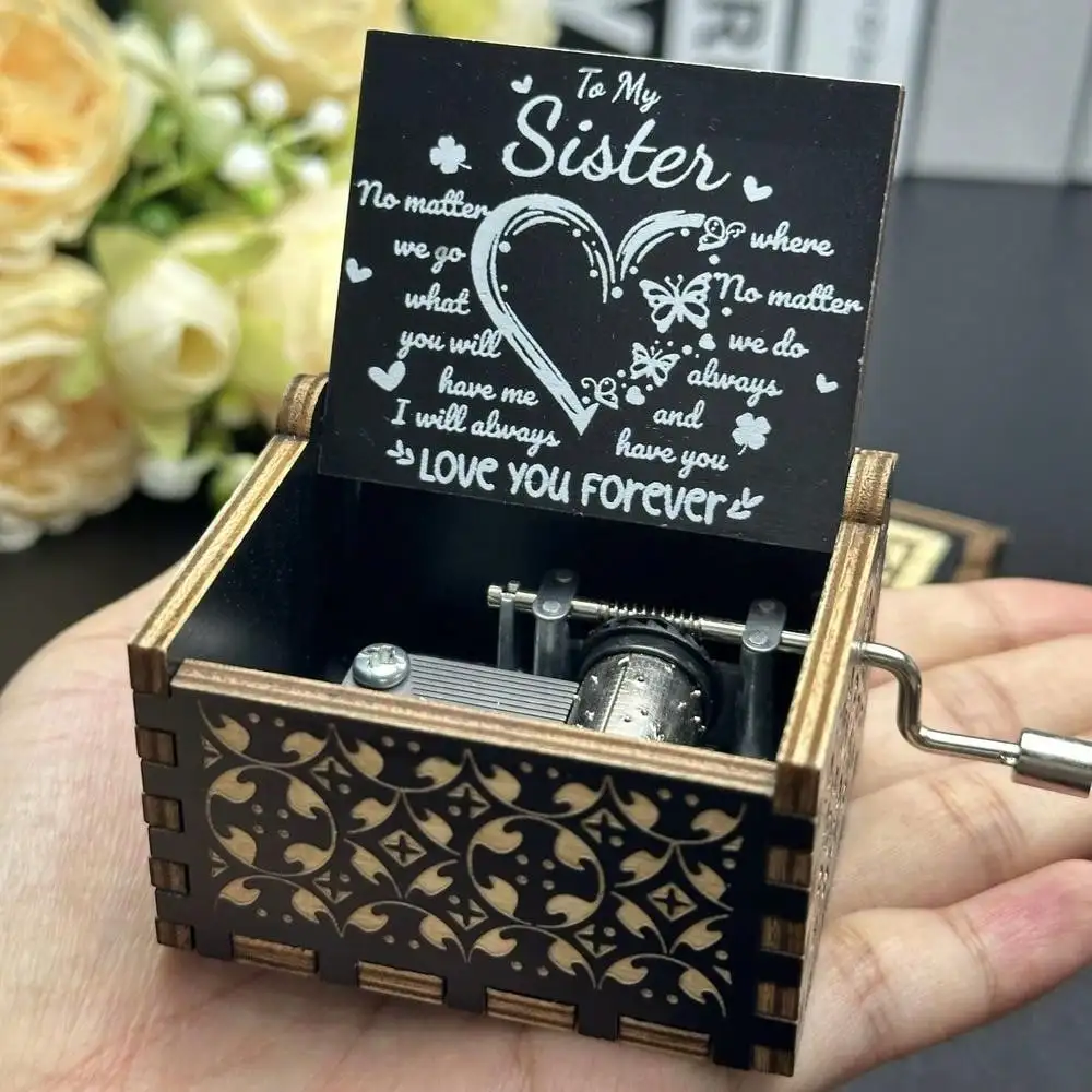 1pc Wooden Vintage Laser Carved Hand-cranked Music Box, Mother's Day/birthday/anniversary/wedding Gift, Family Room Desk Office