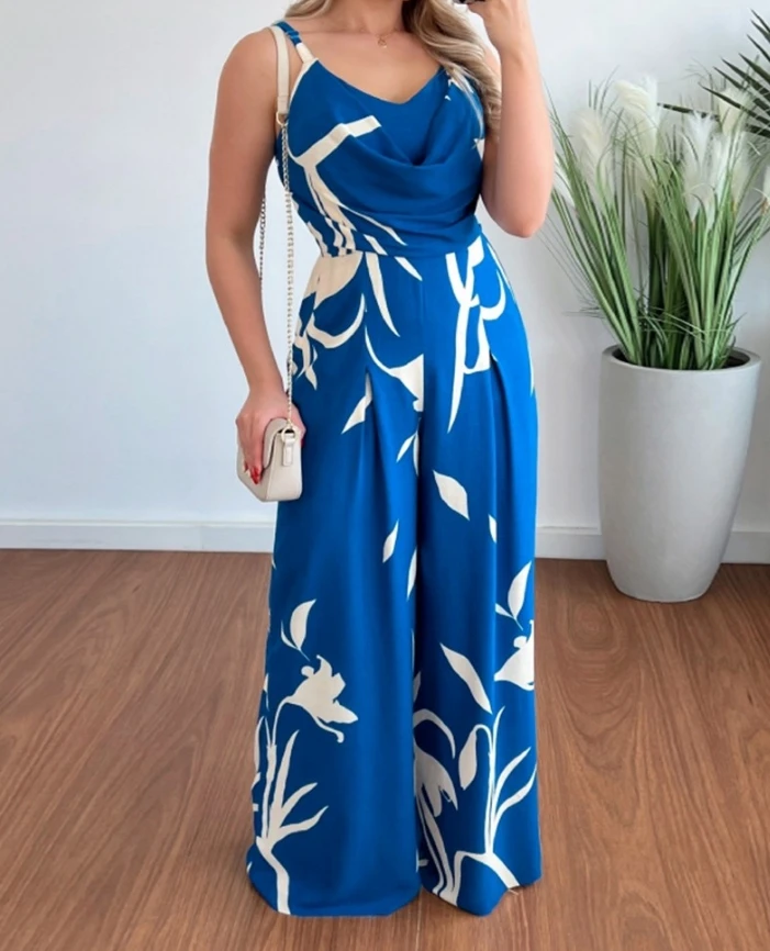 Vacation New Women Summer Tropical Print Sleeveless Wide Leg Jumpsuit Female Clothes Casual V-Neck Long Jumpsuits