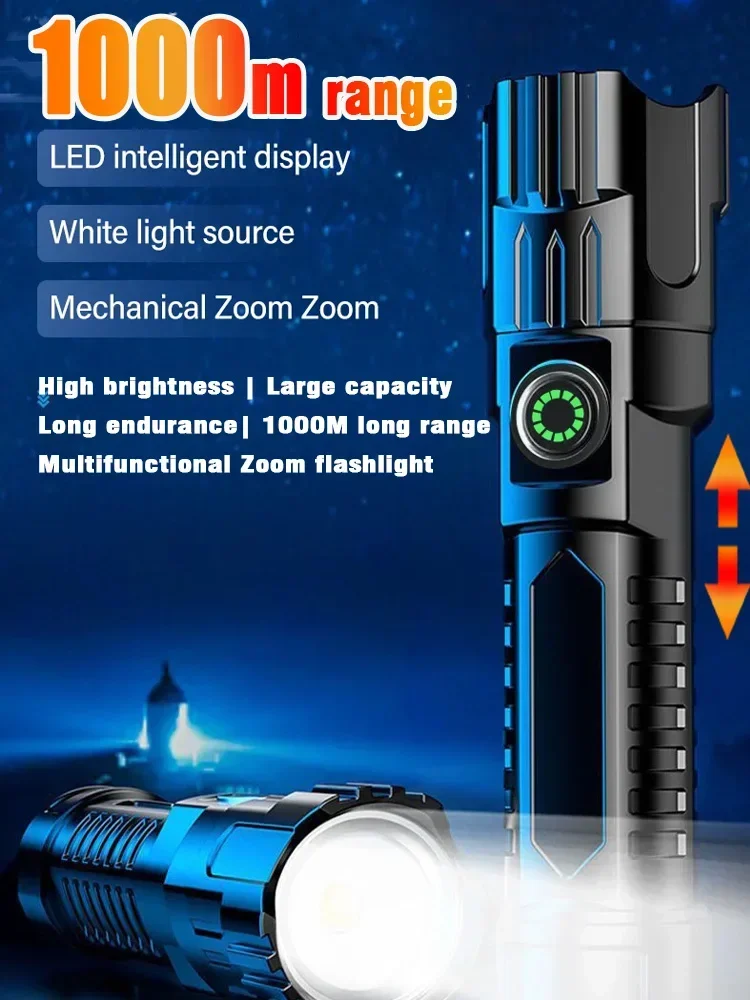 Hochstarke LED-Taschenlampen, tragbare taktische Taschenlampe mit Display-Licht, USB-Aufladung, Camping, Angeln, Notfall-Zoom-Laterne – Detail 19