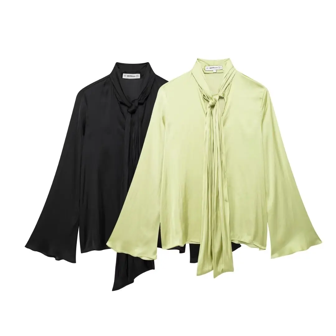 848692-326aa3.jpg European And American Style Women's Clothing New Fashion Versatile Solid Color Bow Decoration Round Neck Long Sleeved Shirt - Image 1