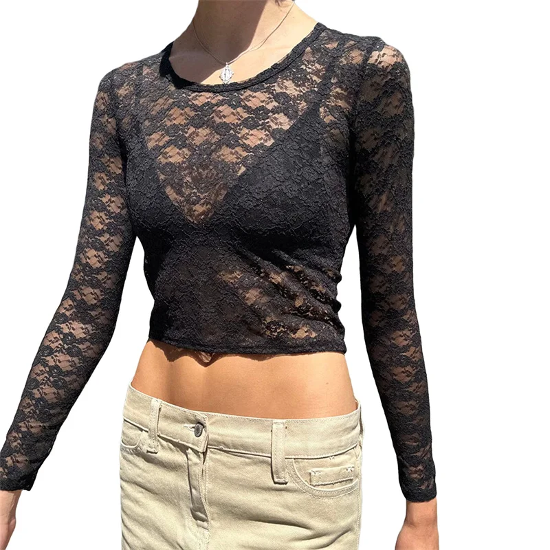 

Women Floral Lace Crop Tops Summer Autumn Long Sleeve Scoop Neck See-Through Hollowed Slim Fit Shirt Blouse Beach Streetwear