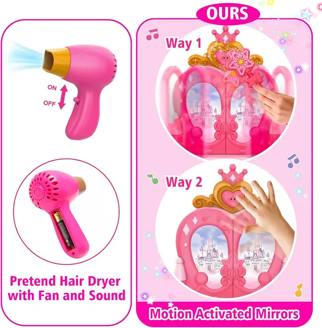 Magic Makeup Vanity Table & Chair Set for Girls with Light & Music, Pretend Play Toy
