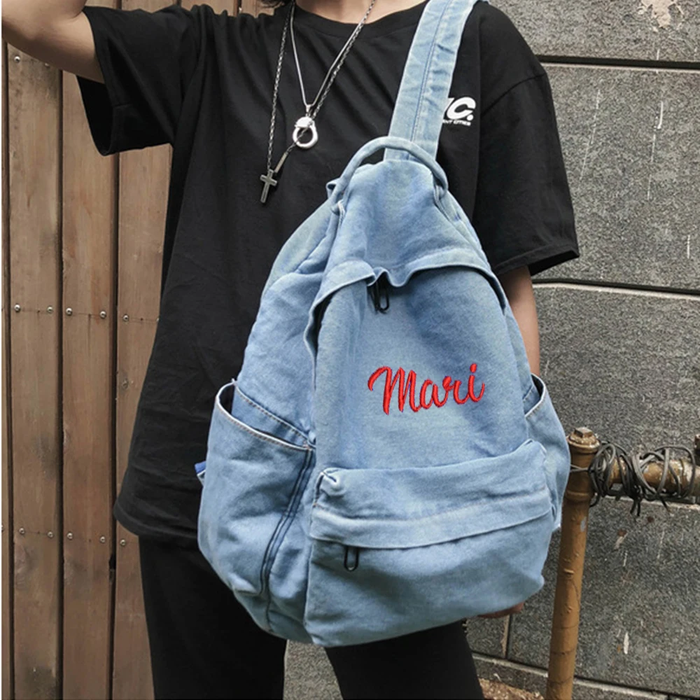 

Custom Name Washable Denim Canvas Bag Art Retro Simple College Schoolbag Student Backpack Travel Small Backpack