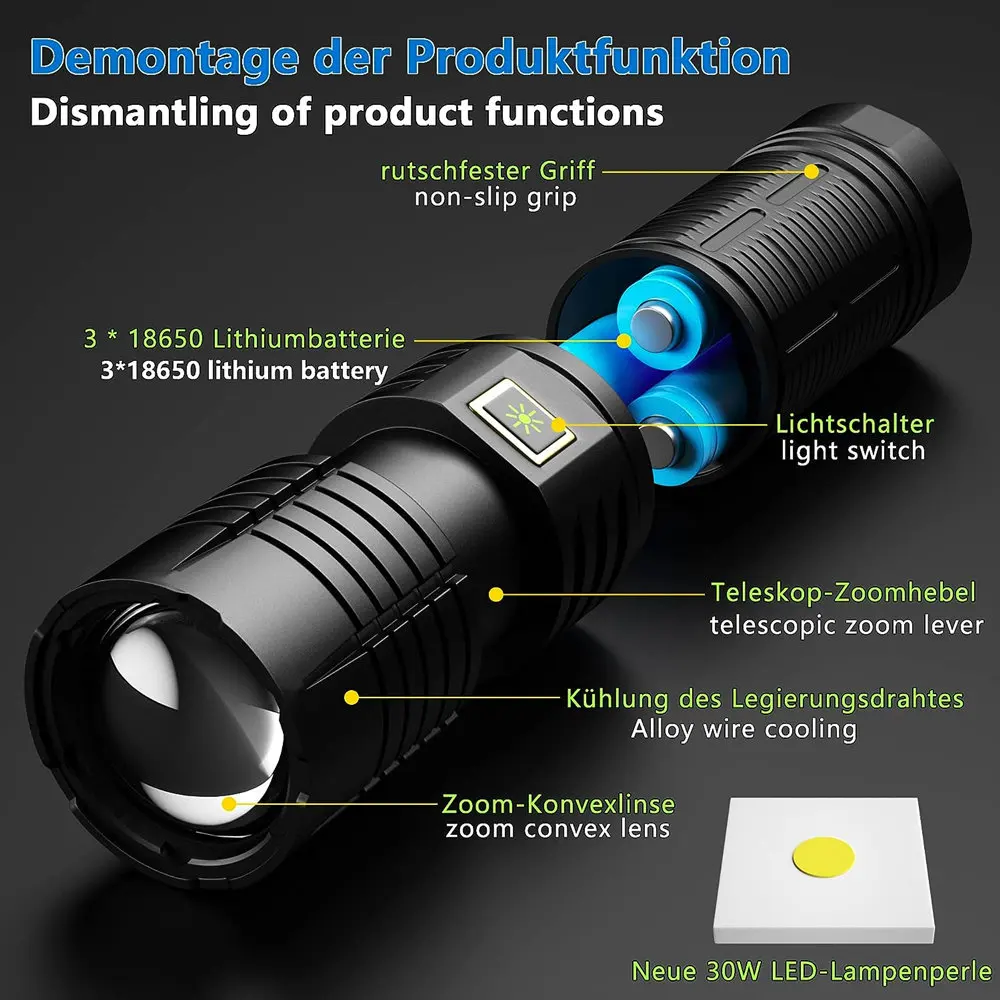 밝은 30000 루멘 LED 토치, 매우 USB 충전식, IPx67 방수 전술 토치, 캠핑 비상 상황