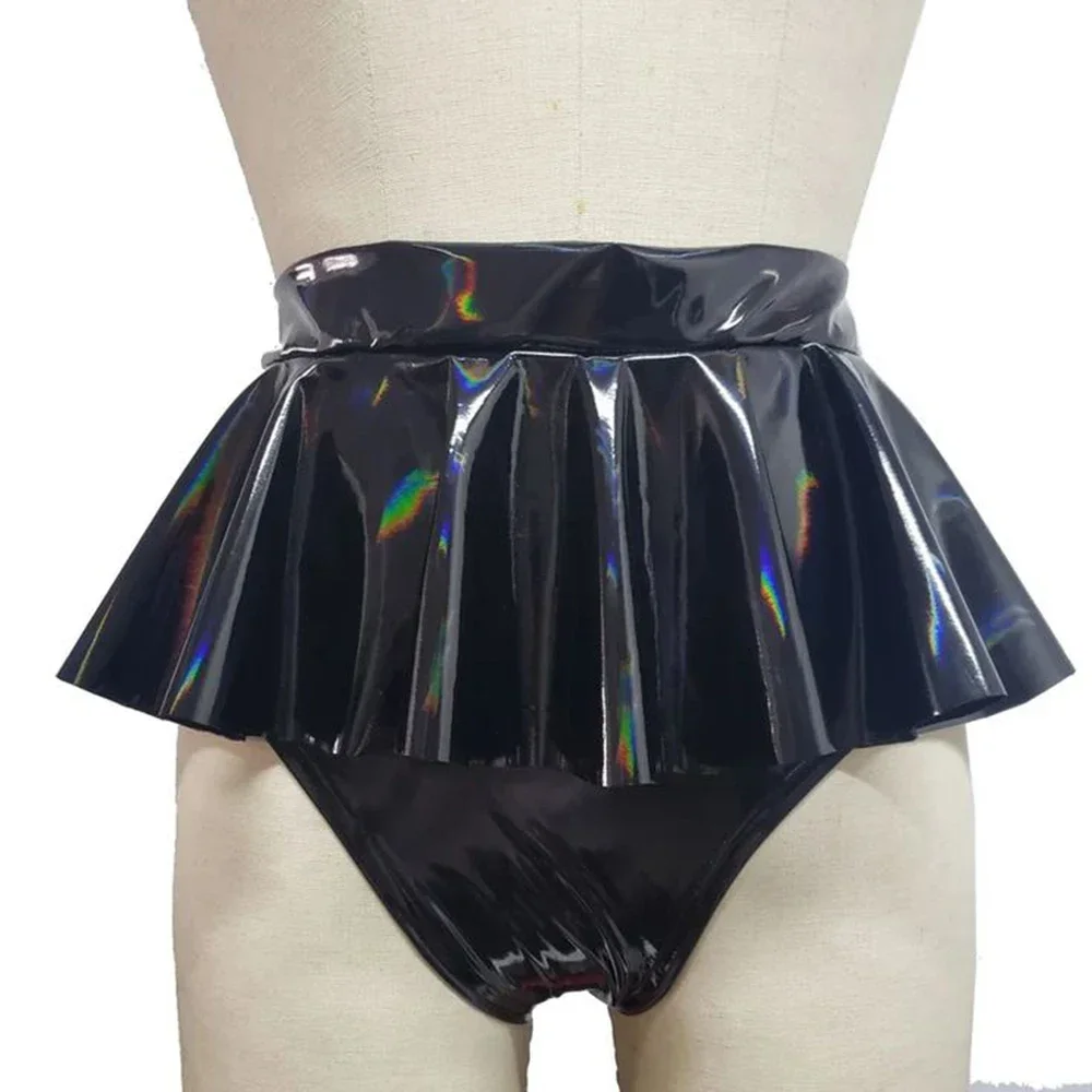 Sissy Sexy Shorts High Waist Wet PVC Leather Mini Skirts Pants Wetlook Pole Dance Ruffled Hot Pant Exotic Lingerie Underwear 7XL