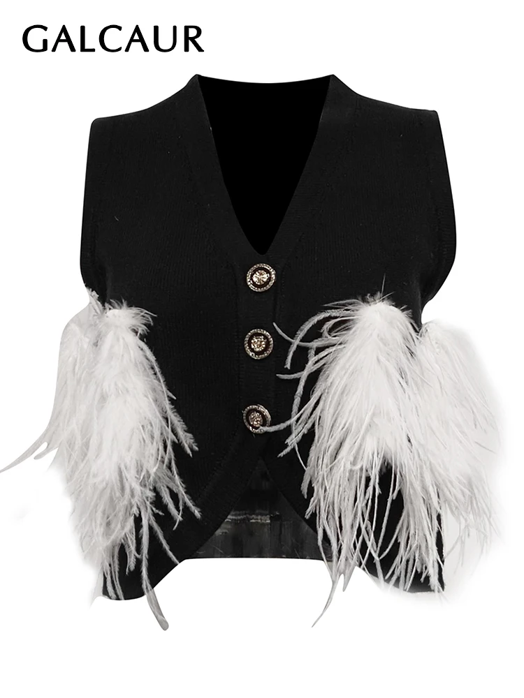 

GALCAUR Patchwork Feathers Colorblock Chic Waistcoats For Wmen V Neck Sleeveless Spliced Single Breasted Temperament Vest Female