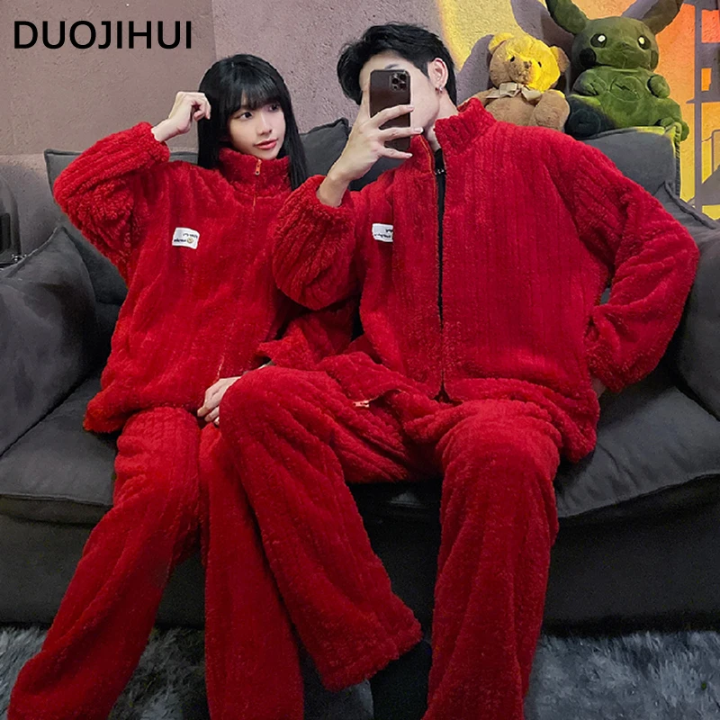DUOJIHUI Winter Chicly Zipper Cardigan Female Pajamas Set Basic Simple Fashion 6-colors Couple Clothing Casual Pajamas for Women
