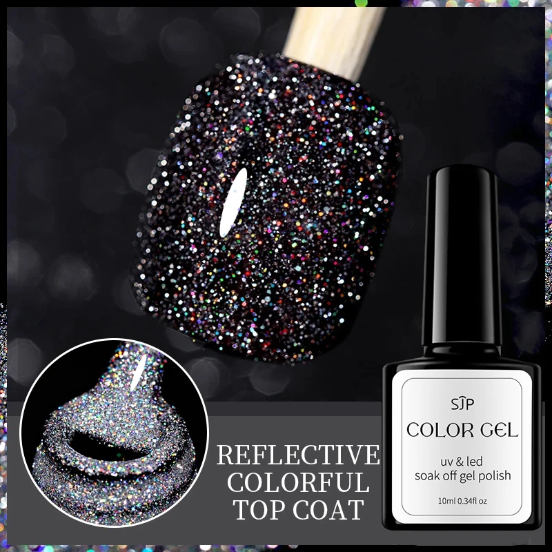 Reflective Glitter Top Coat Gel Nail Polish 1pc 10ml Silver Colorful Sparkling Auroras Laser Semi Permanent Nail Art Gel