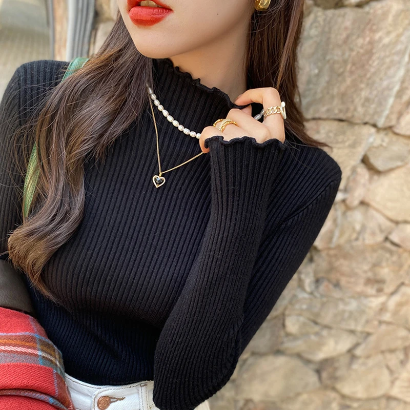 Fungus Edge Semi-turtleneck Women's Long-sleeved Sweater New Fashion Autumn and Winter Solid Color Thin Bottoming Shirt