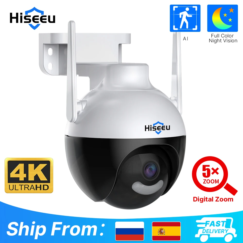 Hiseeu 4K 8MP WiFi PTZ IP Camera 5xZoom Human Detection Video Surveillance Outdoor Color Night Vision Security Protection Camera