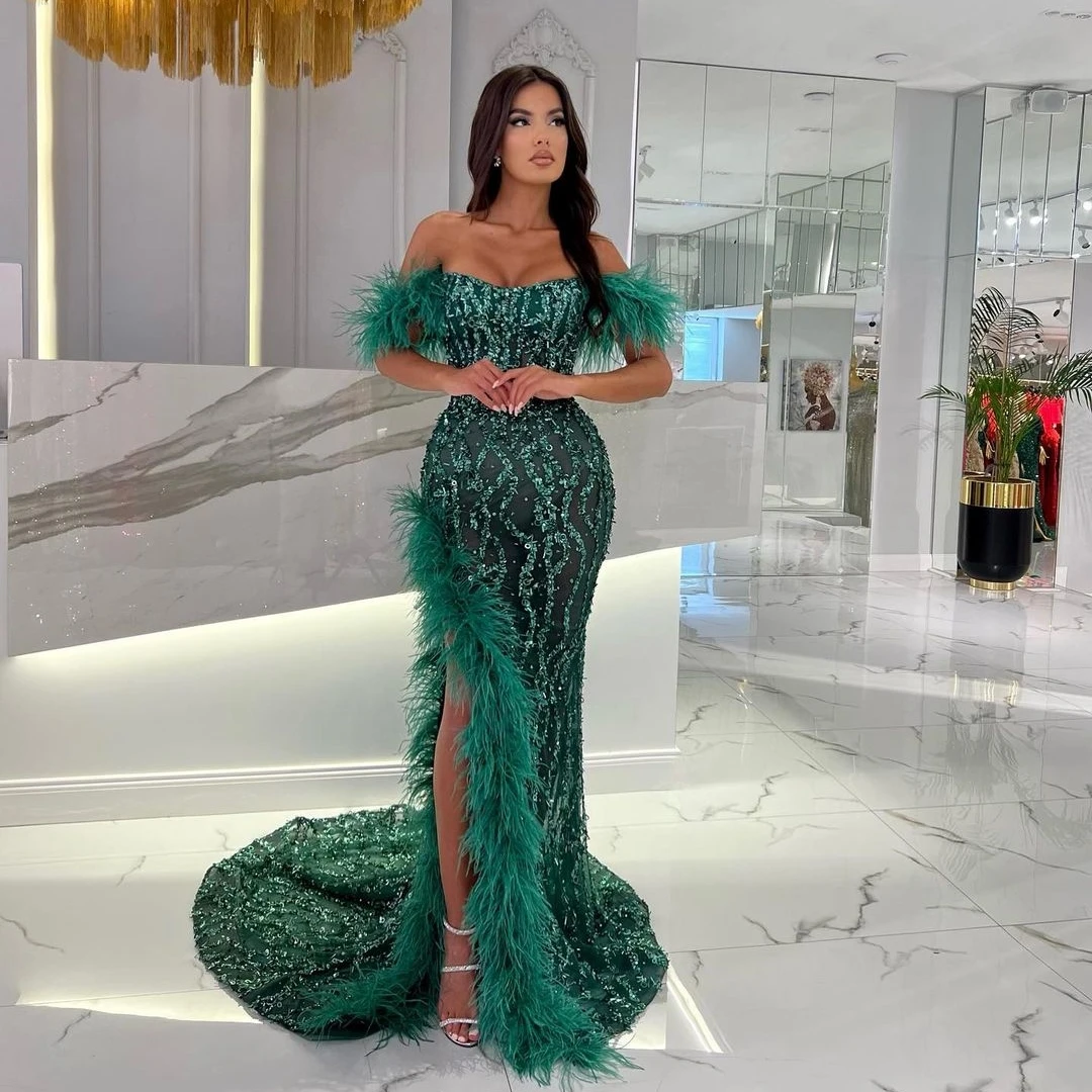 

Fashionvane Luxury High Side Slit Prom Dresses Off Shoulder Feathers Bead Sequins Mermaid Party Evening Formal Pageant Gowns