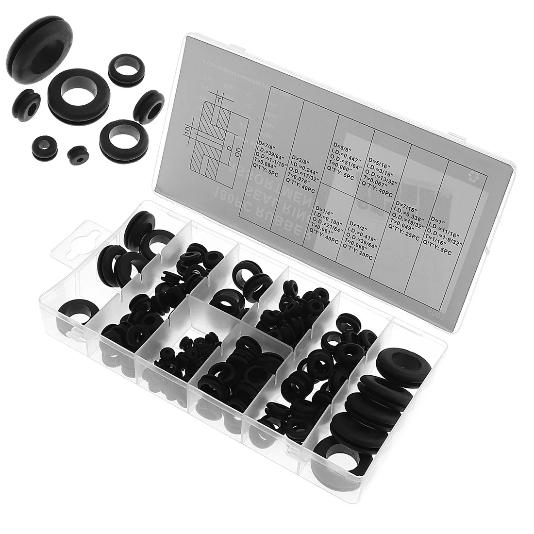 180pcs Rubber Grommets Retaining Ring Set Seal Ring Assortment Protection Coil for Blanking Hole / Wiring Cable
