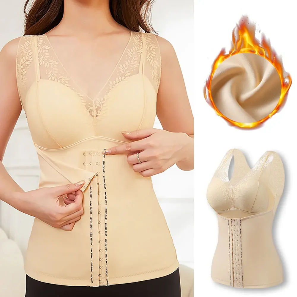

Body Shaper Tops With Bra Thermal Underwear Waist Trainer Shapewear Fleece Camisole Sexy Women Lingerie Lace Slimming Belt