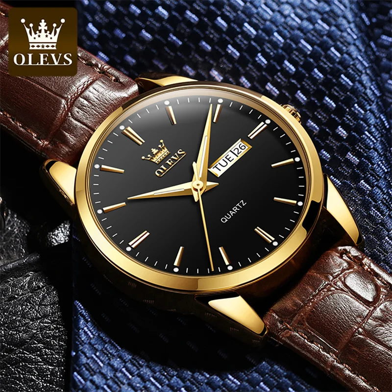 OLEVS Watch for Men Top Brand Luxury Men Quartz Wristwatches Breathable Leather Strap Waterproof Business Casual Men Watch