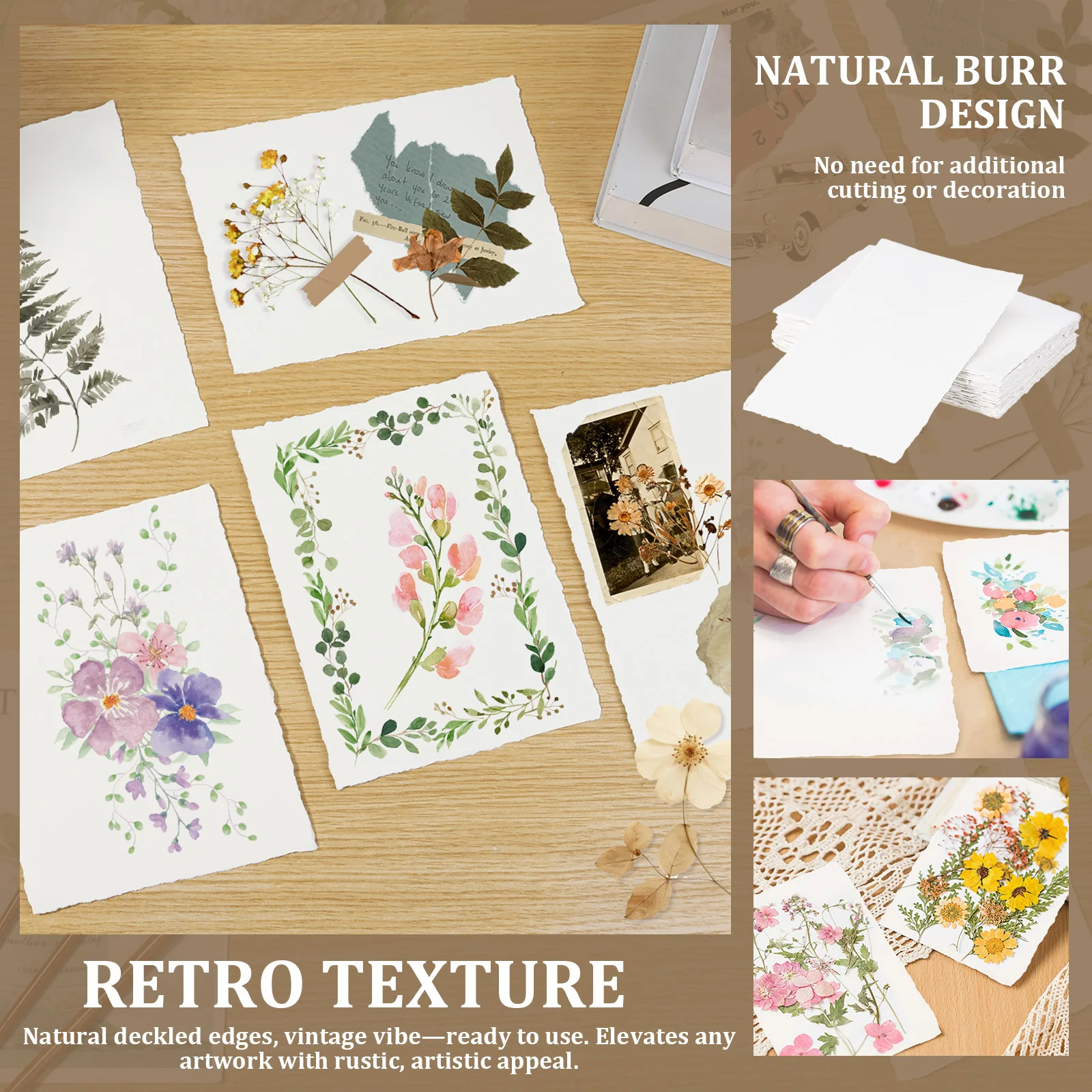 50매 수채화 용지 300gsm 수제 데클 엣지 두꺼운 질감 용지 4 x 6인치/6 x 8인치 수채화용 수제 용지