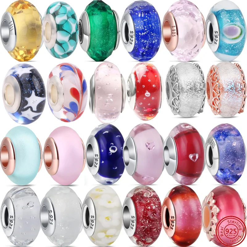 

New 925 Sterling Silver Murano Glass Beads Flower Honeycomb Blue Pink Charm Fit Original Pandora Bracelet DIY Women Jewelry Gift