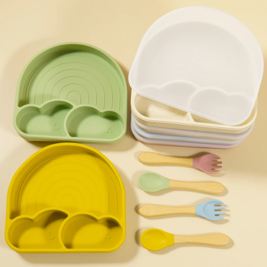 Nový design děťátko bezpečný silikon jídelní talíř s kryt celistvý roztomilá kreslený děti nádobí sání batolit tvoření nádobí