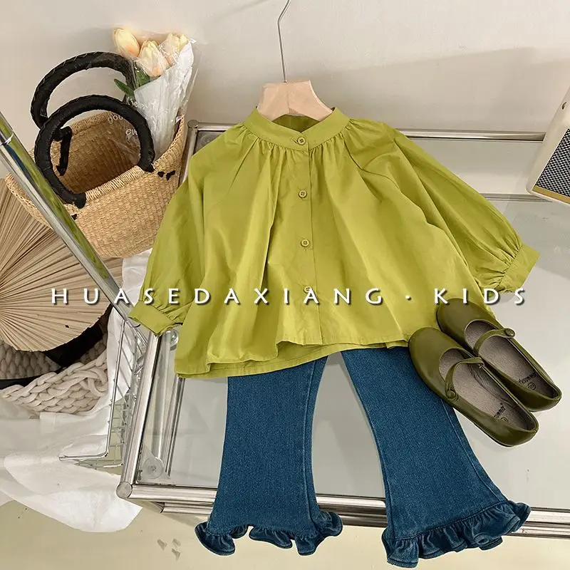 Girl Top New Spring Fashion Wild Style Puff Sleeves Doll Shirt Simple Loose Solid Long Sleeve Top Baby Girl Clothes