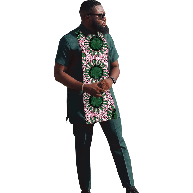 

Blackish Green Men's Set Patchwork Tops With Pants African Party Wear Stylish Short Sleeve Collared Shirt Wedding Groom Suits