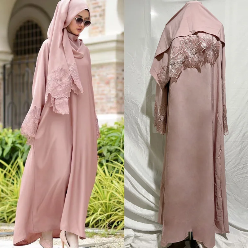 2023 Islam Ramadan Abaya Solid Color Prayer Dress Robe Femme Musulmane Malaysia Indonesian Ladies Dress with Headscarf