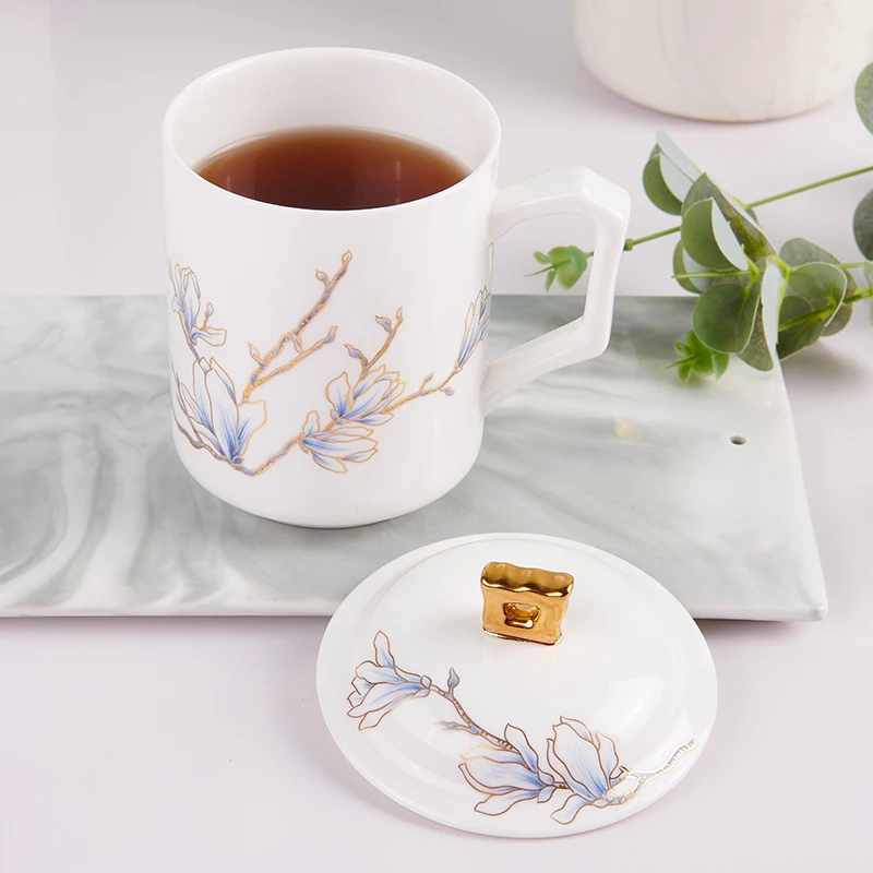 Chinese Style Ceramic With Cover White Porcelain Personal Tea Mugs, Personal Creative Floral Pattern, Milk Water Cup, 400ml, 1Pc