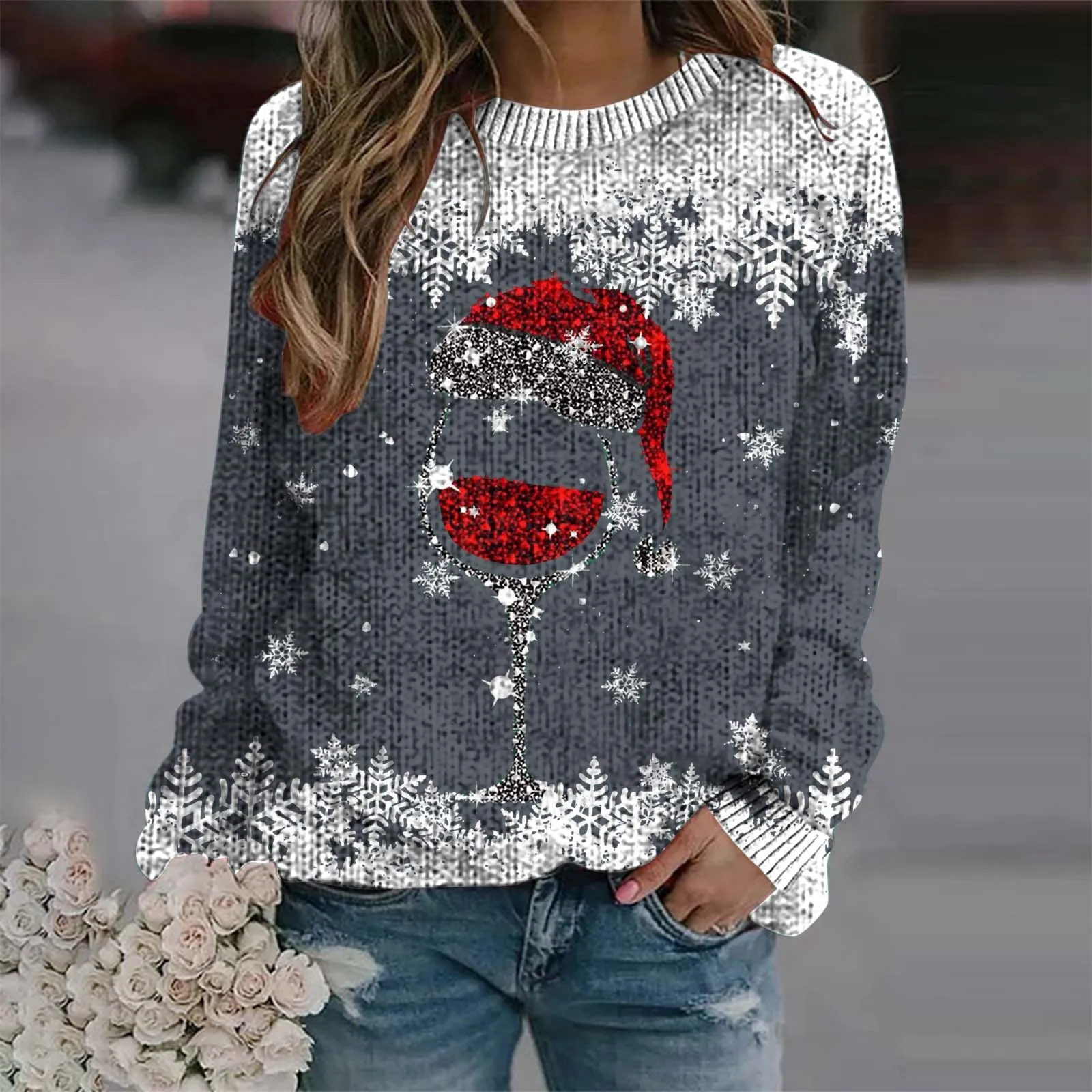 thumbnail image 1 of Suéteres navideños con estampado de copos de nieve, suéteres de cuello redondo y manga larga para mujer, suéteres de copa de vino, suéteres para mujer, 1 of 5