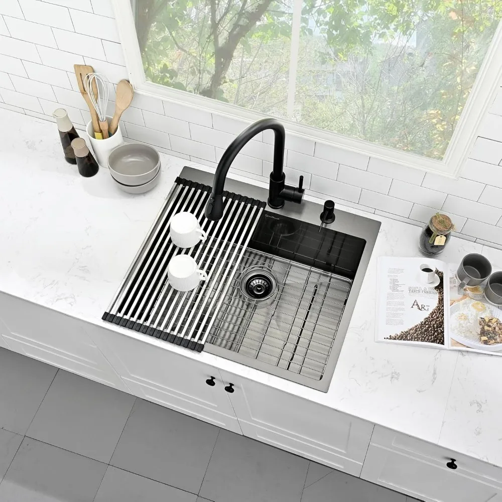 Kitchen Sink, 25x22 Inch, Single Bowl, Top Mount, 16 Gauge T-304 Stainless Steel, Gunmetal Black