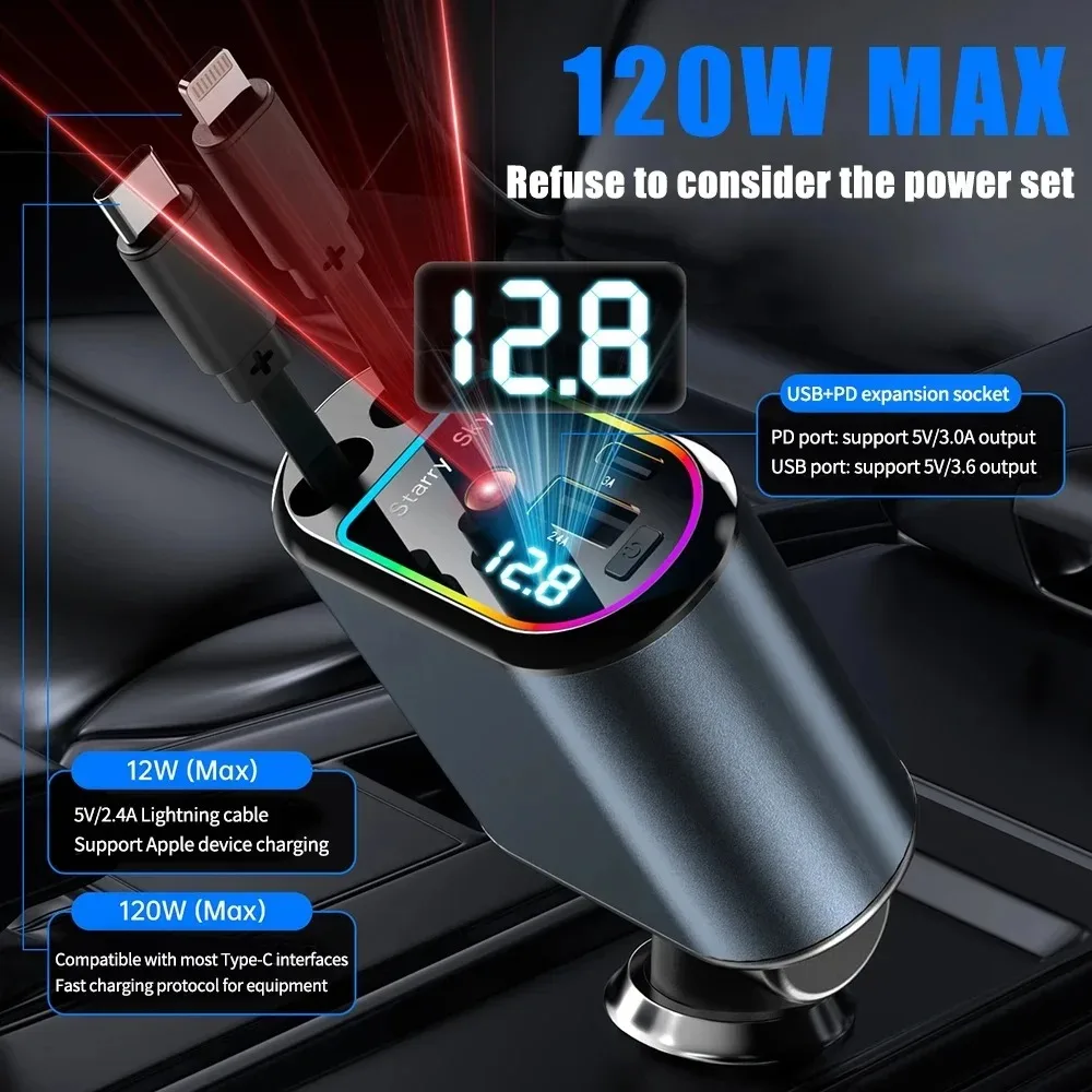 4-in-1 With 2 Retractable Cables 120W Fast Power Adapter Car Charger With Starlight For IOS Android Phones_voghion.com