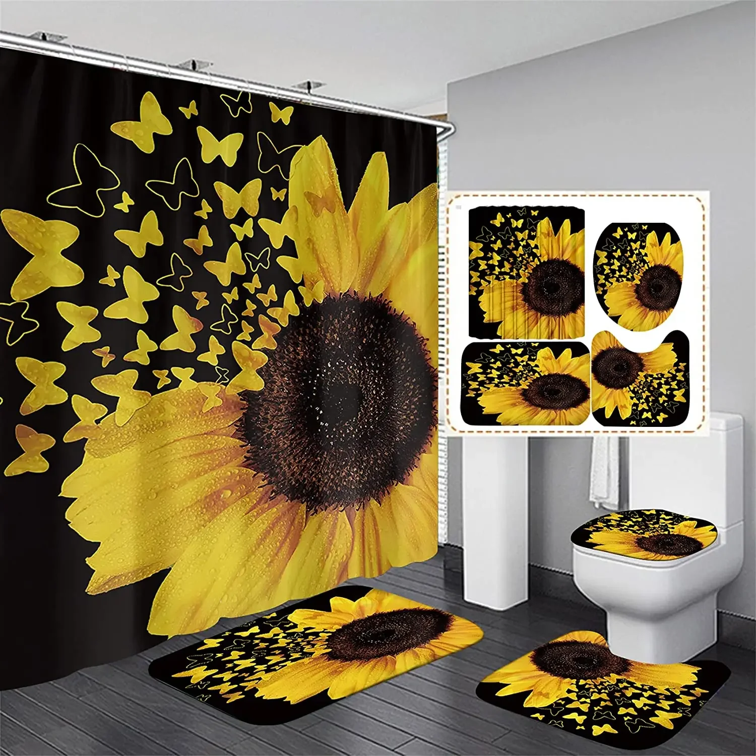 

Butterfly Sunflower Shower Curtain And Rug for Bathroom Set Rustic Wood Panel Hanging Curtains Bathroom Decor Bath Accessories