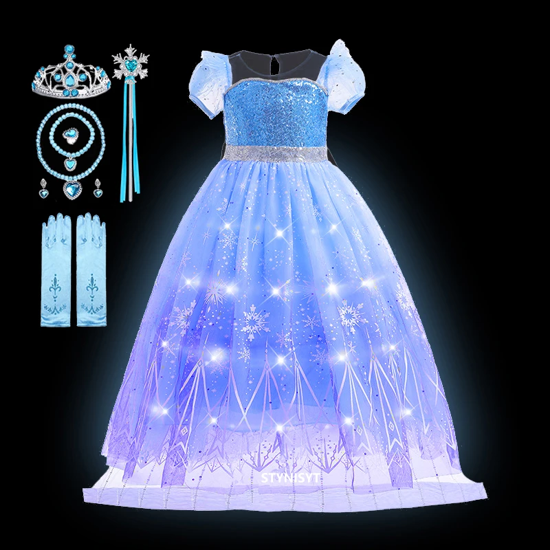 Elza Costume for Girl Birthday Party LED Light Dress up Cloak Carnival Clothing Princess Dress for Girls dresses 6