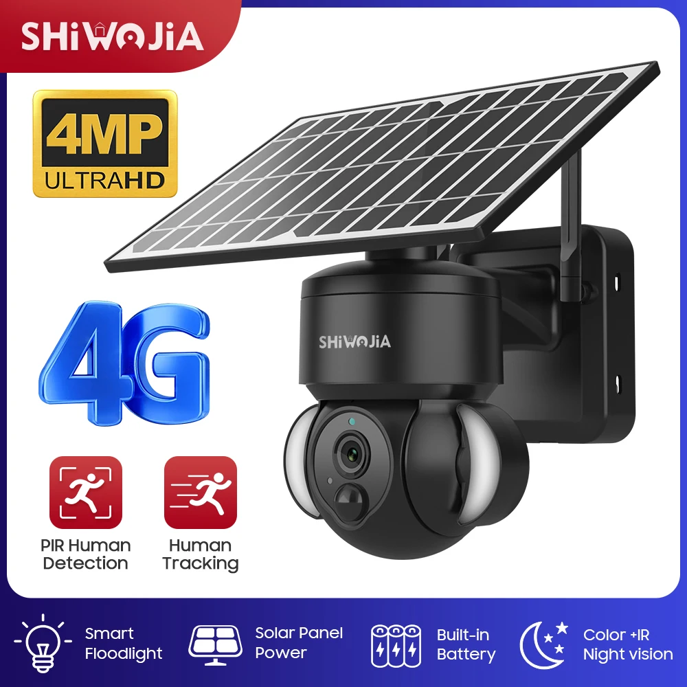 

Shiвоенia Солнечная камера 4G SIM /Wi-Fi 4 МП HD Беспроводная защита безопасности ИИ человеческого обнаружения наружная Солнечная энергия Встроенная батарея CCTV