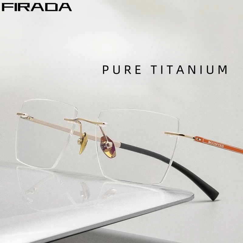 

FIRADA Fashion Pure Titanium Eyeglasses Retro Comfortable Luxury Rimless Glasses Prescription Eyewear Frame For Men Women BV6027