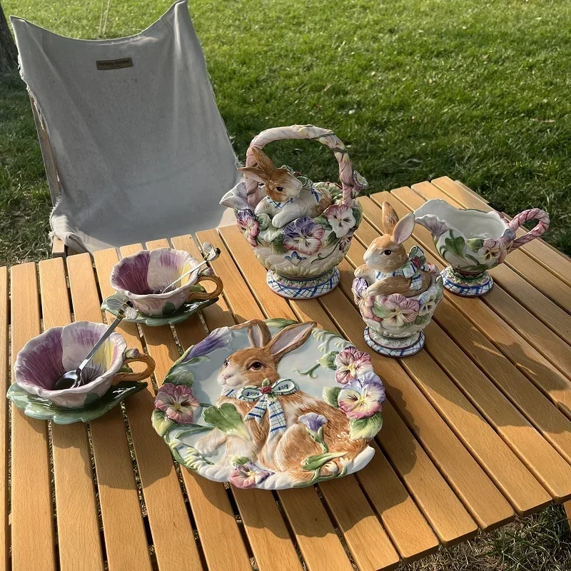 

American Hand-painted Idyllic Ceramic Dinner Set Rabbit Teapot Coffee Cup Plates for Enchanting Garden Afternoon Tea Set