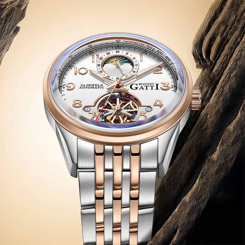 BONEST GATTI Watch men's multifunctional business tourbillon retro waterproof luminous hollow automatic mechanical watch