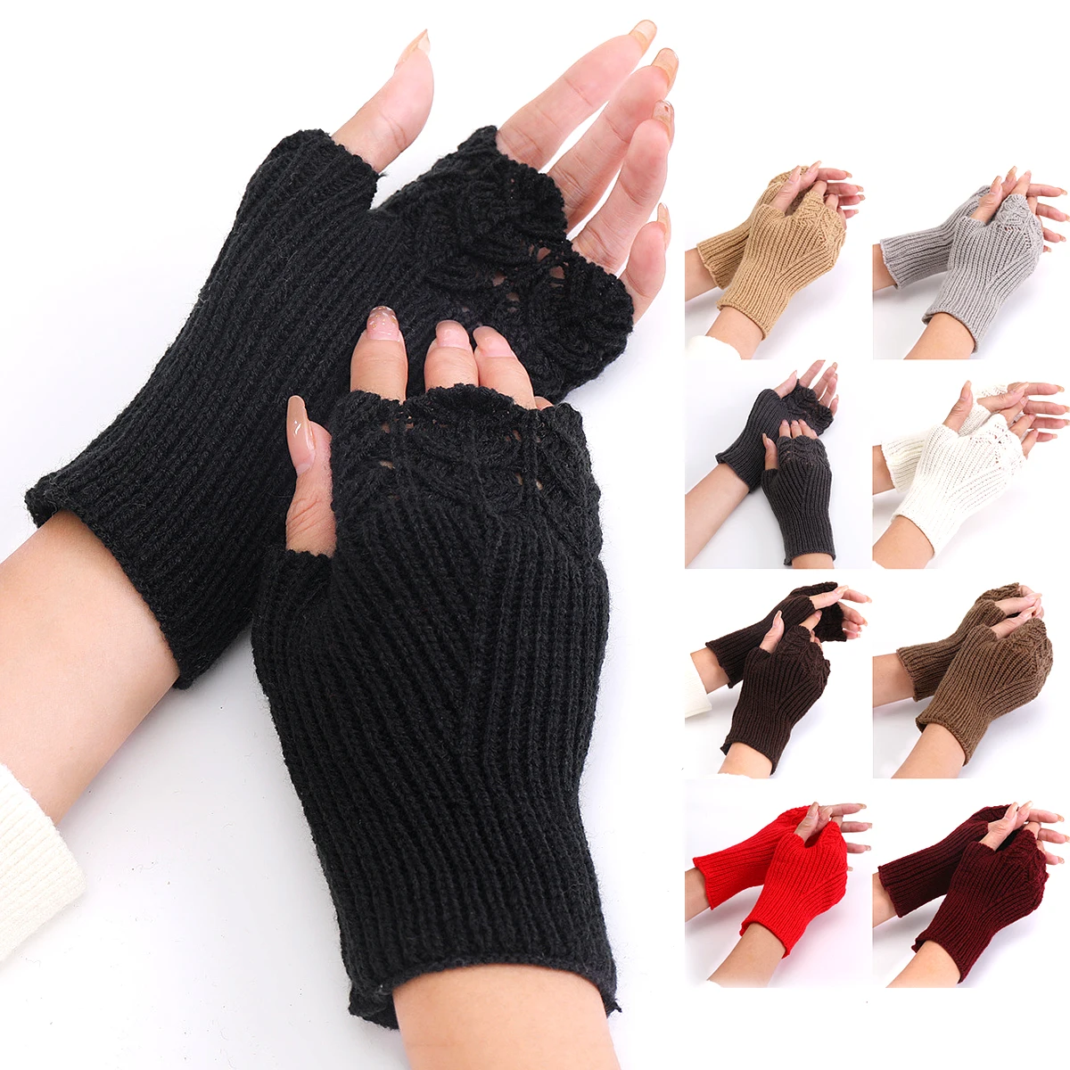 

Unisex Autumn Winter Warm Half-finger Gloves Women Weave Flowers Fingerless Knitted Mittens Girls Study Work Gloves